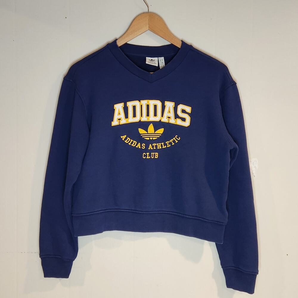 Adidas College Graphic Womens XS Oversized Sweatshirt Blue Yellow Crewneck